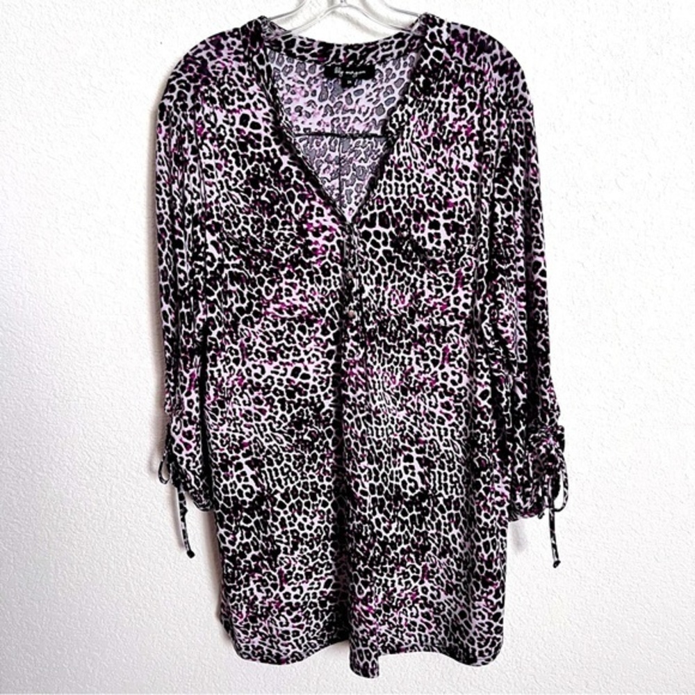 Lily Morgan Purple Black Animal Print Gathered Sleeve Blouse 2X